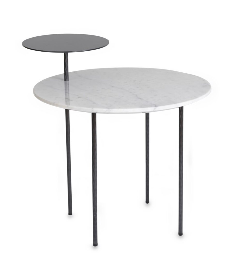 Table Eclipse marbre de Carrare, tablette acier noir